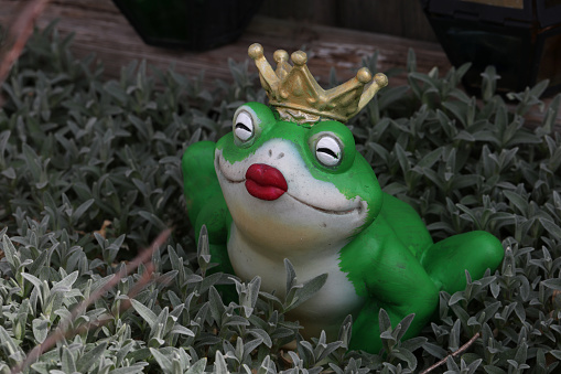 Decorative frog princess among plants in the garden.
