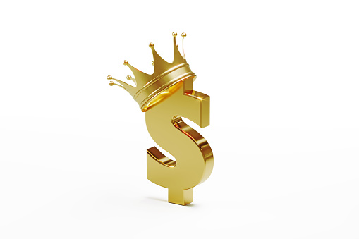 American dollar sign wearing gold crown isolated on white background. Horizontal composition with clipping path and copy space. Finance and currency exchange concept.