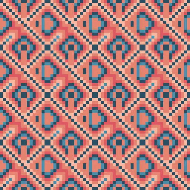 Vector illustration of Seamless geometric vector pattern in pink, orange, red and blue in mosaic style.