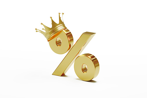 Percentage sign wearing gold crown isolated on white background. Horizontal composition with clipping path and copy space. Sale concept.