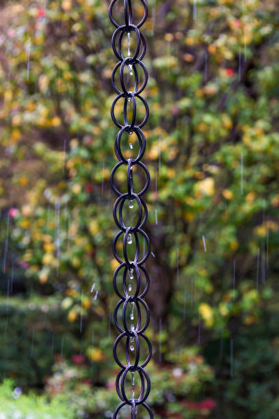 Pictured rain chain and raindrop in a green background.