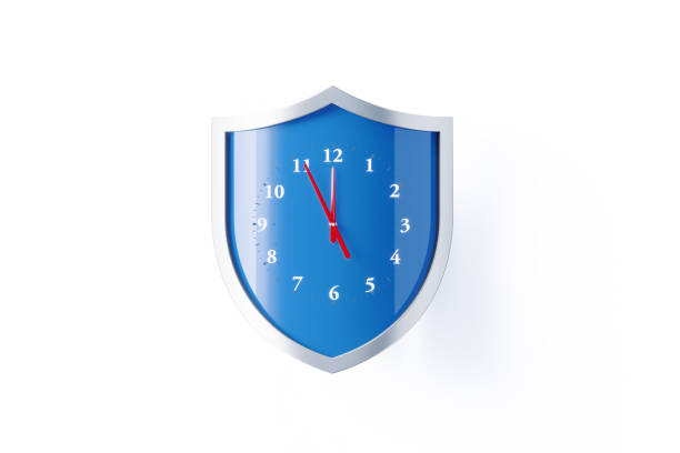 Shield shaped blue clock sitting on white background, Horizontal composition with clipping path and copy space. Deadline and alarm concept.