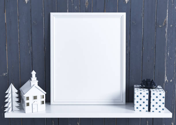 istock Single 8x10 Vertical White Frame mockup with Christmas decorations on white glossy shelf and dark blue vintage wooden wall. 1311165971