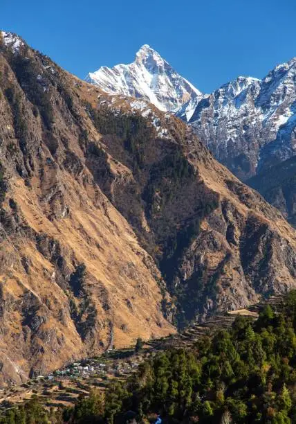 mount Nanda Devi, one of the best mounts in India Himalaya, seen from Joshimath Auli,  Uttarakhand, Indian Himalayan mountains