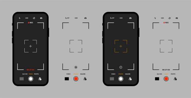 kuvapankkikuvitukset aiheesta valokuvakameran mobiililiittymä. älypuhelinlaitteiden joukko, videon sieppaustila, etsimen ruudukko. puhelimen näyttö vektorissa - lähettää kuvaviesti