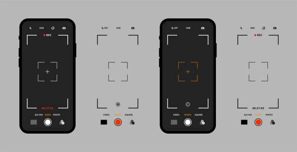 foto kamera interfejs mobilny. zestaw urządzeń smartphone, tryb przechwytywania wideo, siatka wizjera. wyświetlacz telefonu w wektorze - photographing information medium interface icons symbol stock illustrations