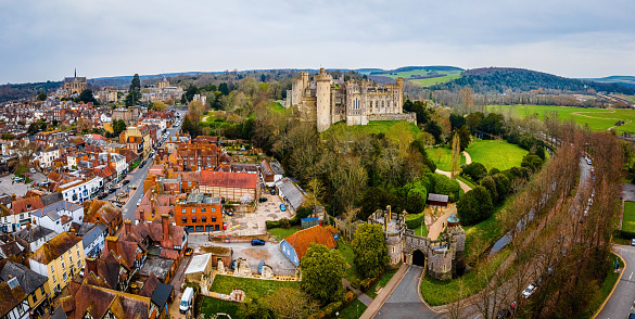 The aerial view of ancient castle in Arundel, a market town in West Sussex, England, UK