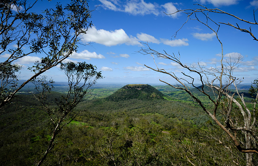 Table Top Mountain, Toowoomba, seen from Picnic Point Lookout fringed by trees