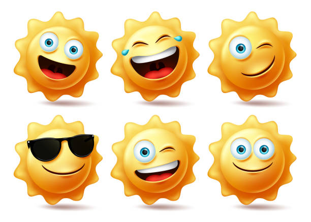 Sun characters vector set. Sun emoticon collection in different facial expression Sun characters vector set. Sun emoticon collection in different facial expression for hot tropical summer design. Vector illustration. laughter day stock illustrations