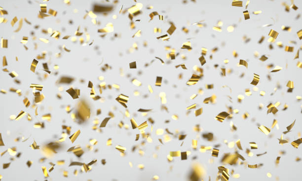 gold confetti rain - confetis imagens e fotografias de stock