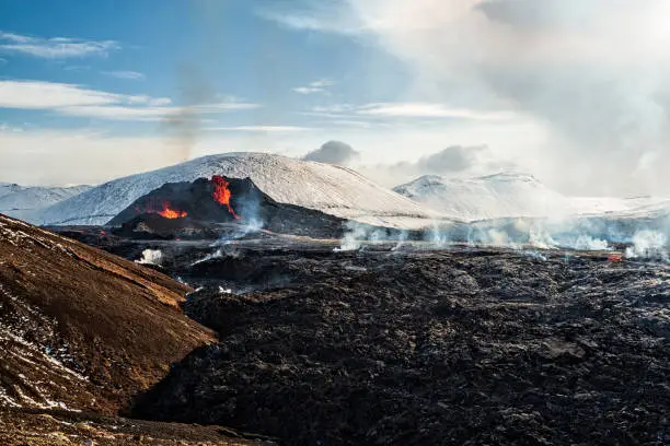 Fagradalsfjall volcanic eruption in Reykjanes peninsula around 40 kilometres from Reykjavik, Iceland