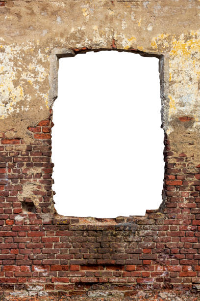 istock an old red brick wall with a hole in the middle. isolated on a white background 1311191475