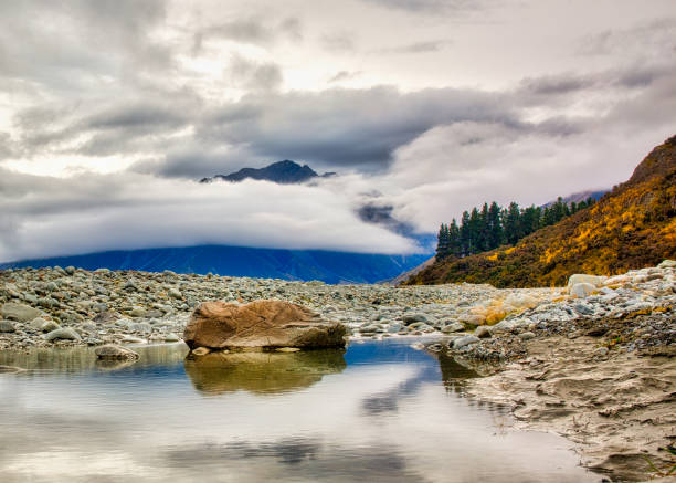 Reflections in a rock pool in the Clyde river in summer with almost no water near Erewhon Station, Ashburton NZ