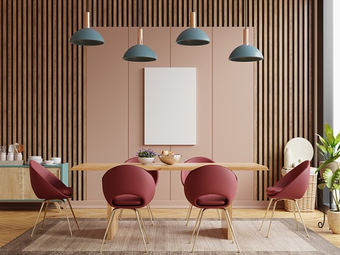 Mock up poster in modern dining room interior design with brown empty wall.3d rendering