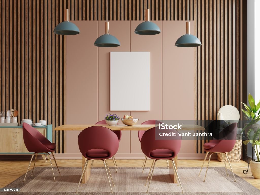 Mock up poster in modern dining room interior design with brown empty wall. Mock up poster in modern dining room interior design with brown empty wall.3d rendering Pendant Light Stock Photo