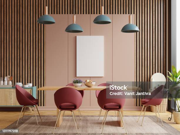 Mock Up Poster In Modern Dining Room Interior Design With Brown Empty Wall Stock Photo - Download Image Now
