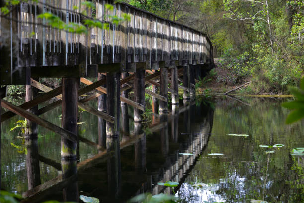 istock Wooden bridge cross the water 1311205215