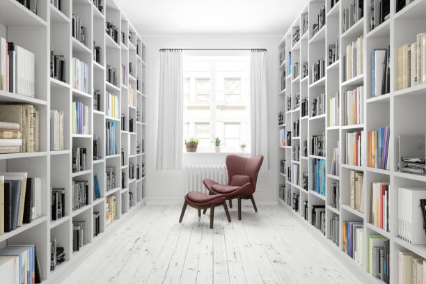 fauteuil en cuir à la bibliothèque ou dans la salle de lecture avec des livres sur les étagères - sea of tranquility photos et images de collection