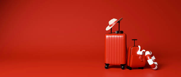 3D rendering, two red baggages with travel accessories in red background with copy space