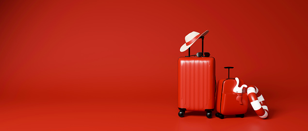 3D rendering, two red baggages with travel accessories in red background with copy space, 3D illustration