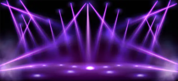 Vector illustration of Stage lights, spotlight beams with smoke on floor