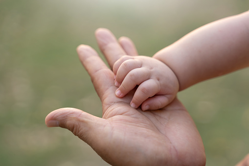 Asian Father touching and holding Little tiny Baby hand at outdoor together.
