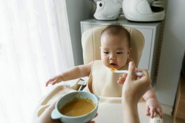 Asian Mother feeding her little baby boy with a spoon. Mom preparing healthy pureed pumpkin for first food in the bowl Asian Mother feeding her little baby boy with a spoon. Mom preparing healthy pureed pumpkin for first food in the bowl. baby spoon stock pictures, royalty-free photos & images