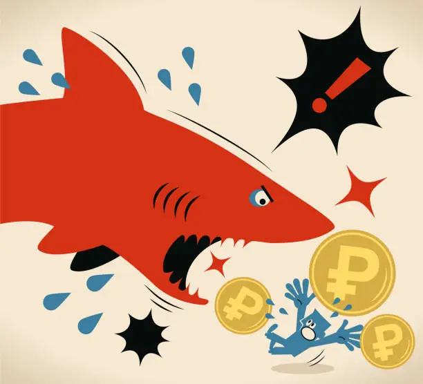 Vector illustration of Businessman with Russian Rubles Currency is getting attacked by a shark