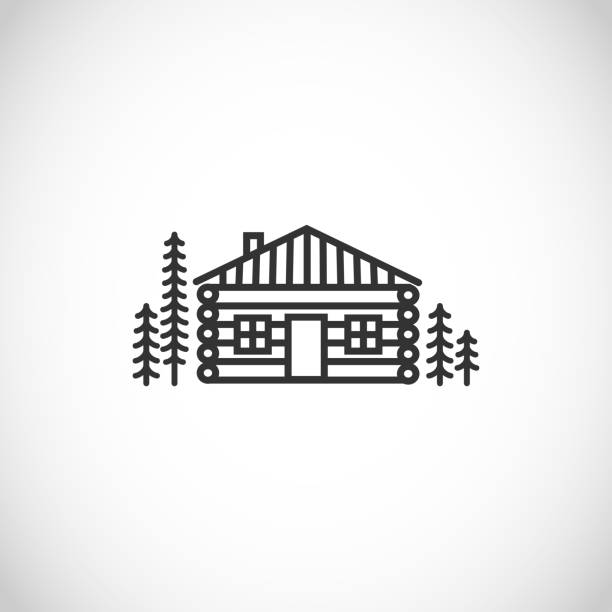dom z bali, drewniana kabina cienka linia stylu wektor ikona - hut cabin isolated wood stock illustrations