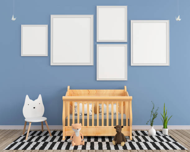 istock kid bedroom with baby cot and many mockup frames, 3D rendering 1311215829