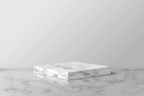 istock Gray marble square podium for product. 3d pedestal in stone pattern vector illustration. Geometric stage on floor in room. Abstract realistic place for advertising or decoration 1311217684