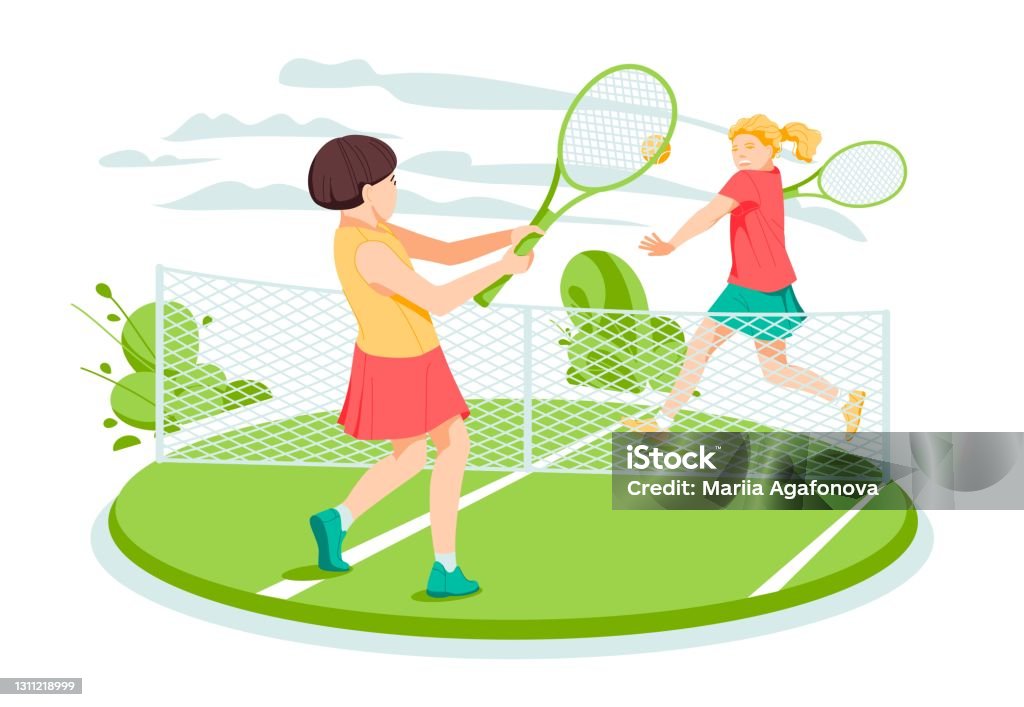 Two Girls Tennis Players At The Tennis Court Flat Cartoon Vector  Illustration Stock Illustration - Download Image Now - iStock