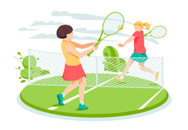 Two Girls Tennis Players At The Tennis Court Flat Cartoon Vector  Illustration Stock Illustration - Download Image Now - iStock