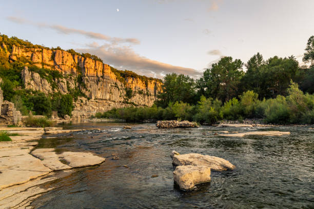 Sunset over the Ardeche River on a summer evening, France