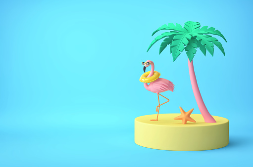 Tropical island with palm tree and funny pink flamingo on blue background. Summer vacation concept. 3D rendering