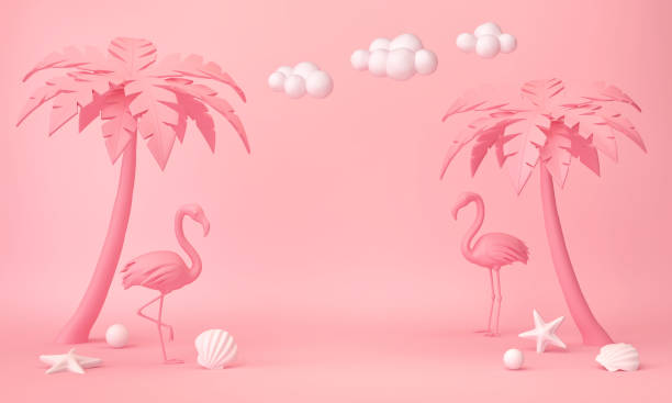 istock Pink tropical background with palms, flamingo and seashells 1311219814