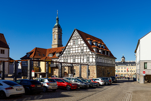 Eisenach, Thuringia, Germany - March 02, 2021: Historic houses of Eisenach in Thuringia