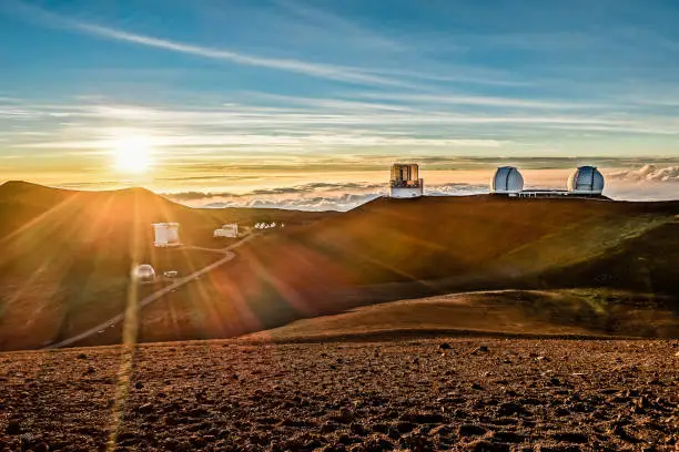 Landscape panorama of Mauna-Kea observatory during sunset