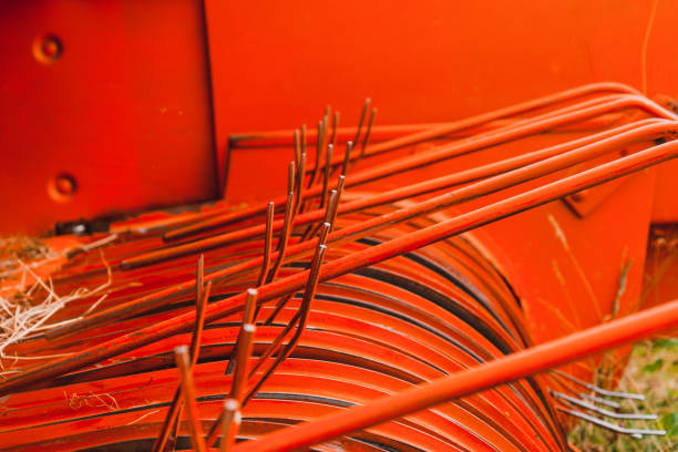 hay baler close up, rake press and constructing details. - agricultural machinery retro revival summer farm imagens e fotografias de stock