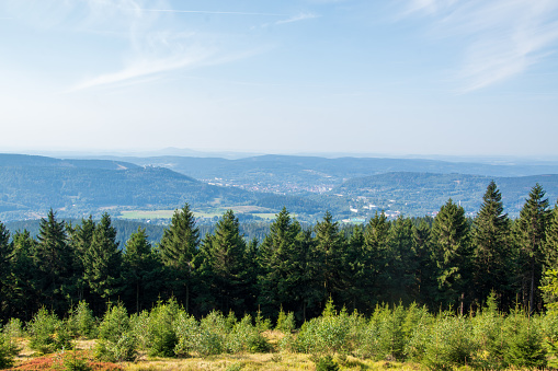 View from the Großer Beerberg while hiking on the Rennsteig long-distance hiking trail from Oberhof to Neustadt in the Thuringian Forest.