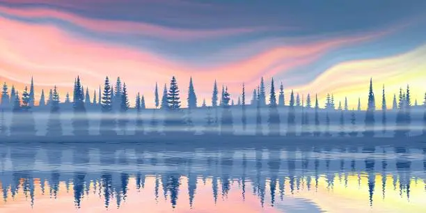 Vector illustration of Picturesque reflection of the forest on the horizon and the sunset sky. Fantasy on a landscape theme.