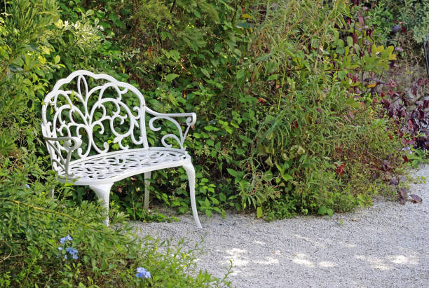 Classical decorative white wrought iron garden bench at the side of a gravel path and tall flower borders