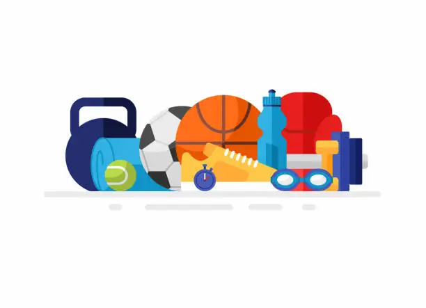 Vector illustration of Group of sport equipment and goods. Flat vector illustration