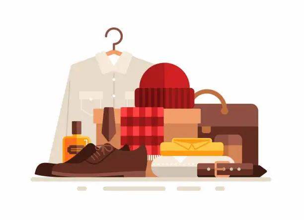 Vector illustration of Group of clothing and male accessories. Shirts, shoes, hat, belt, perfume, bag, tie isolated on white