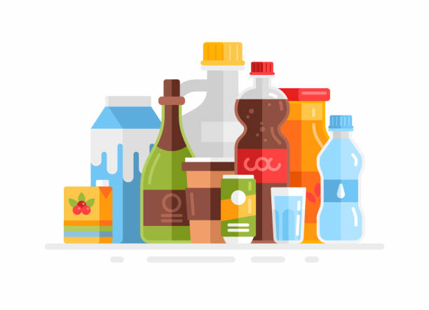 ilustrações, clipart, desenhos animados e ícones de grupo de bebidas e bebidas. leite, suco, refrigerante, água, café, vinho, cerveja isolada no branco - packaging bottle plastic wine