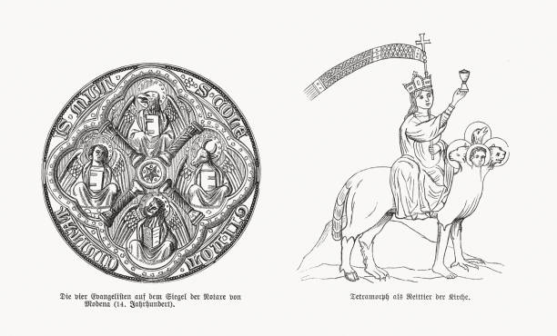 1893年に出版された4人の伝道者、木彫り - four animals点のイラスト素材／クリップ�アート素材／マンガ素材／アイコン素材