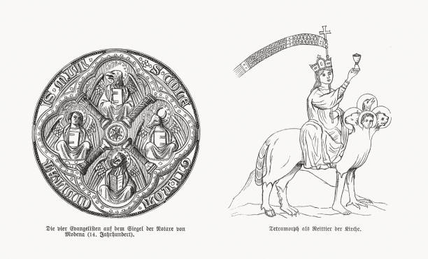 The Four Evangelists, wood engravings, published in 1893 The Four Evangelists - representations in the fine arts, left: The Four Evangelists on the seal of the notaries in Modena, Emilia-Romagna, Italy (14th century). Right: Tetramorph as a riding animal of the church with allegorical heads of the four evangelists (a tetramorph is a symbolic arrangement of four differing elements, or the combination of four disparate elements in one unit). Wood engravings, published in 1893. religious occupation stock illustrations