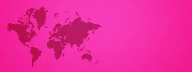 World map isolated on pink wall background. Horizontal banner