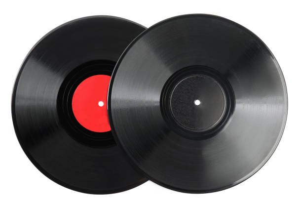istock Black vintage vinyl records on white background 1311226291