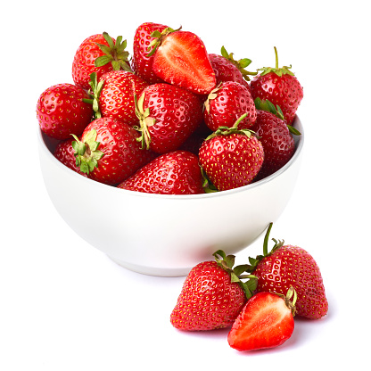White ceramic bowl of Fresh strawberry isolated on white background.